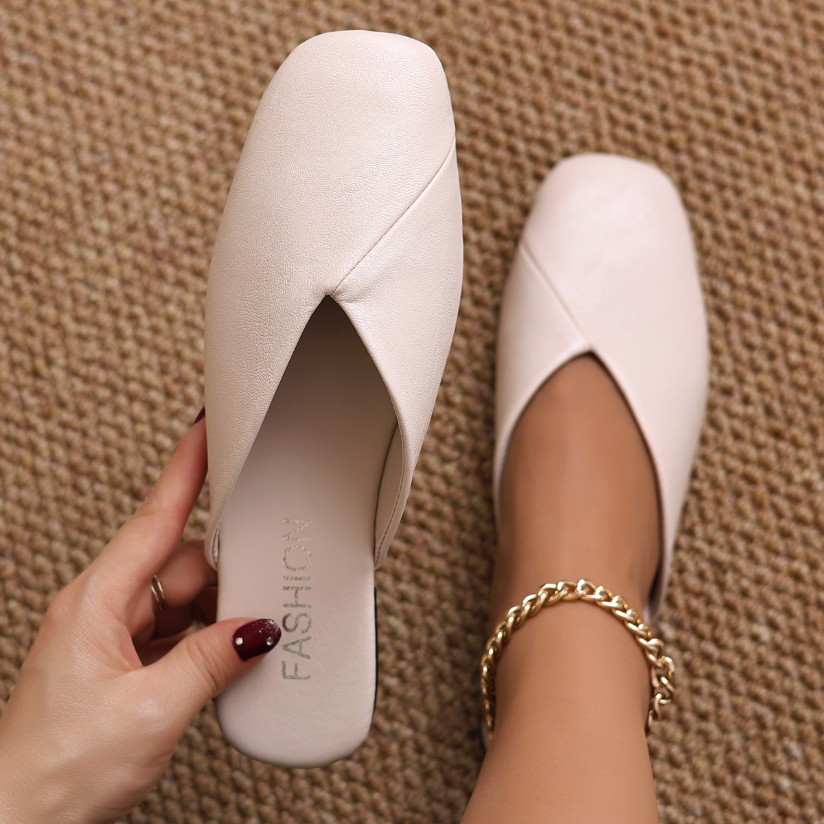 Leather Work Flats - Women's Fashion Square Toe V-cut Flat