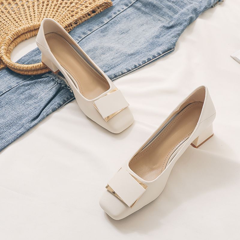Leather Work Women Shoes - French Style Chunky Heel Pumps, Women's