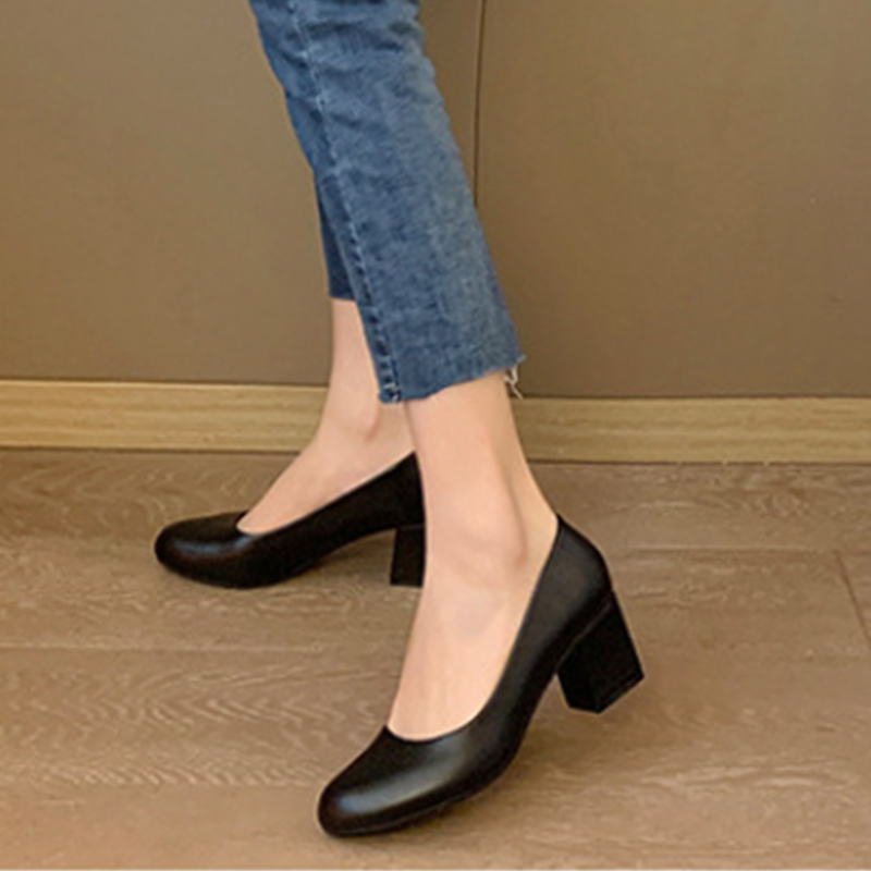 Leather Work Dress - Womens Black Leather Block Heel Pumps