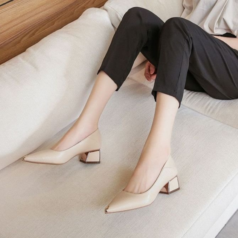 Leather Work Women Shoes - Women's Professional Work Shoes,Pointed-Toe Chunky Heel