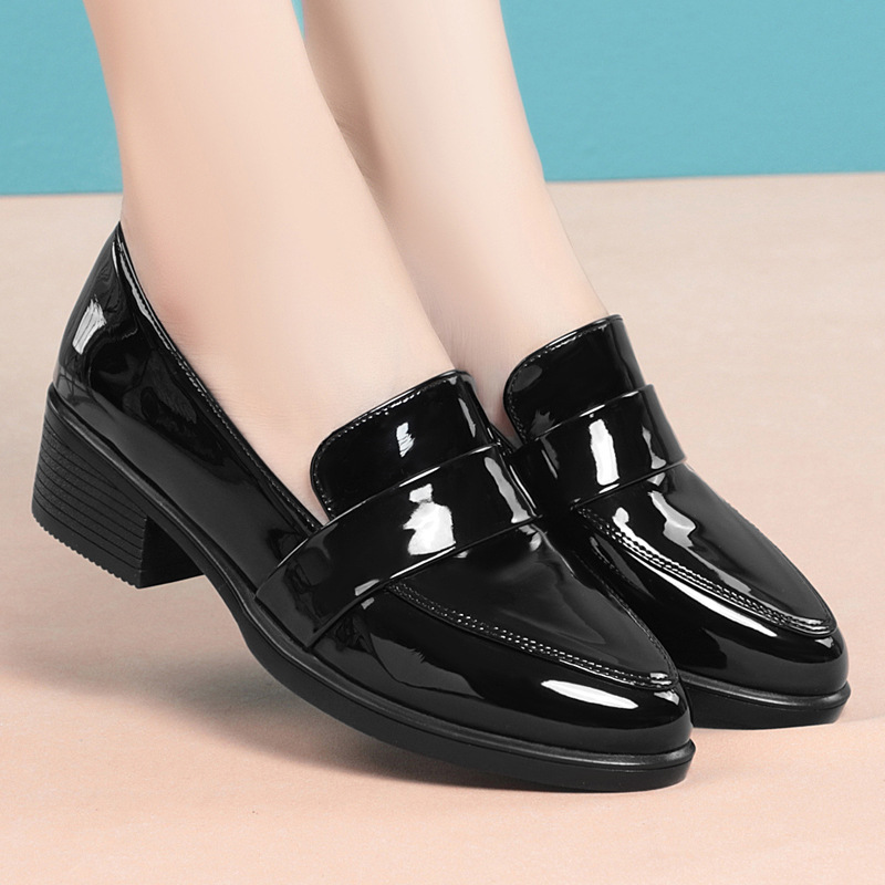 Leather Work Women Shoes - British Style Shallow Pointed Toe Patent