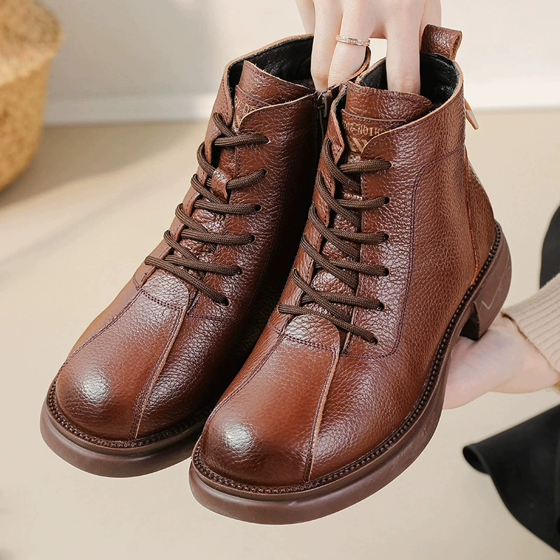 Leather Work Women Shoes - New Autumn Cowhide Mid-Heel Soft-Soled Women's